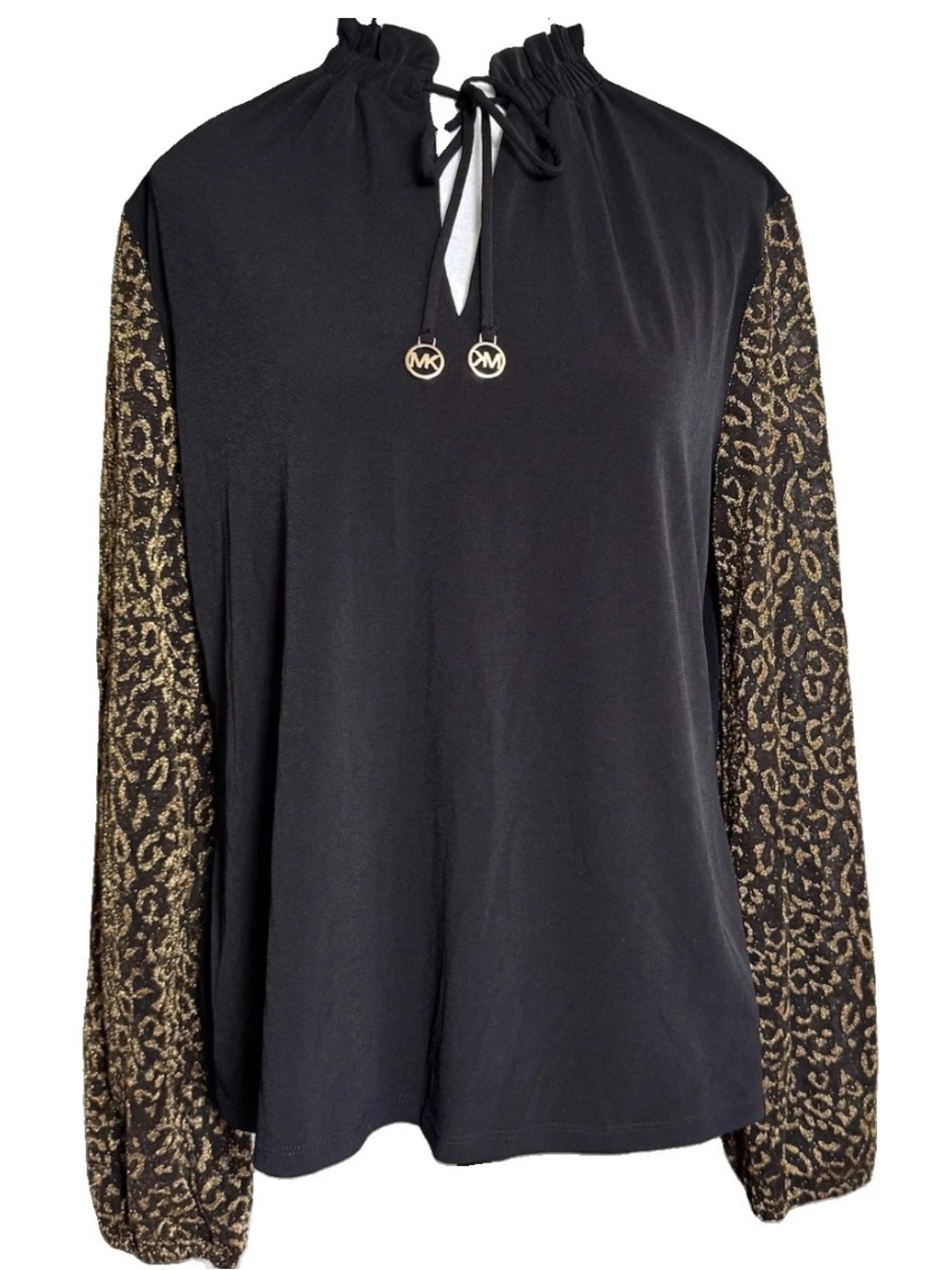Michael Kors Top Black Gold Metallic Leopard Long Sleeve Blouse MK Logo Tie